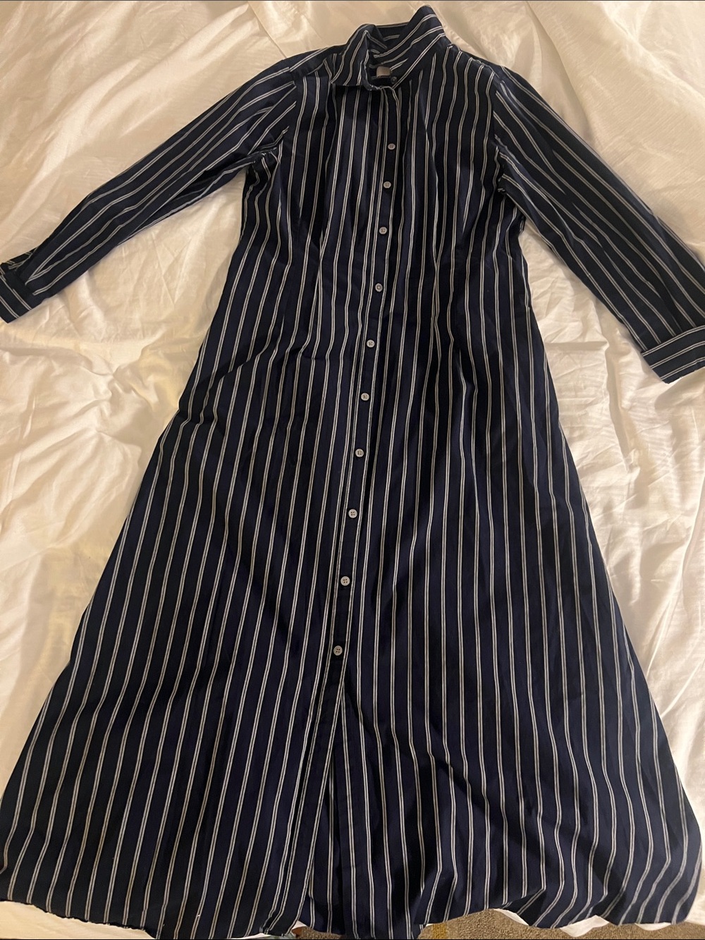 LOFT Navy and White Long-Sleeve Striped Maxi Shirt Dress